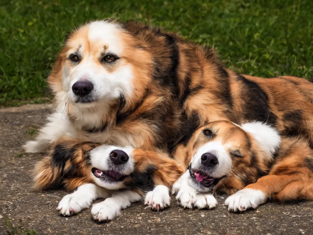 Prompt: dog mixed with a cat lying down and smiling at the camera, high definition detail, 8 k, photography