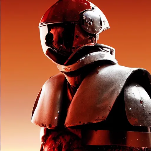 Image similar to a tall muscular soldier, wearing blood - spattered glossy sleek white dinged scuffed armor and a long torn red cape, heroic posture, battle - weary, strained expression, determined expression, no helmet, on the surface of mars, dramatic lighting, cinematic, sci - fi, hyperrealistic, detailed