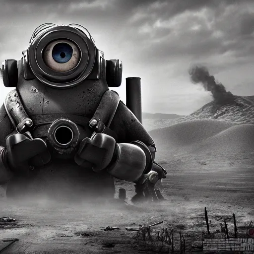 Image similar to Minion, George Miller, Fallout 4, Fallout 3, Photorealistic, Hyper detailed, desert, post apocalyptic, fire, dust, black and white