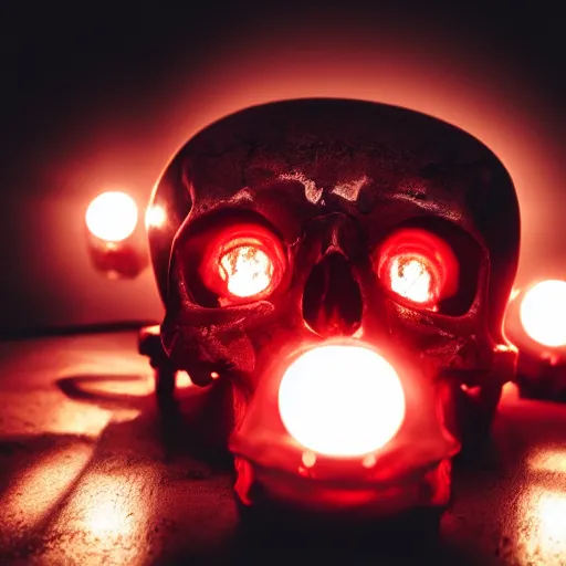 Image similar to humanoid skull with glowing red eyes, on a table, beautiful lighting