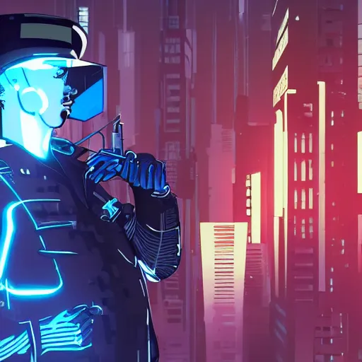 Prompt: a cop in a futuristic cyber punk like city that is investigating a crime while smoking a cigarette