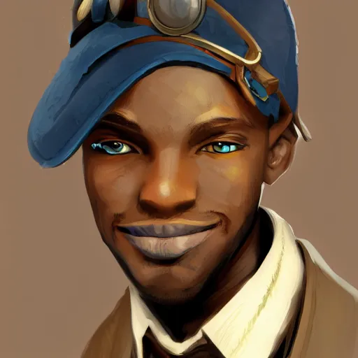 Prompt: african american man with blue eyes, blonde hair, wearing steampunk attire, highly detailed, digital painting, artstation, matte, by makoto shinkai, animation style