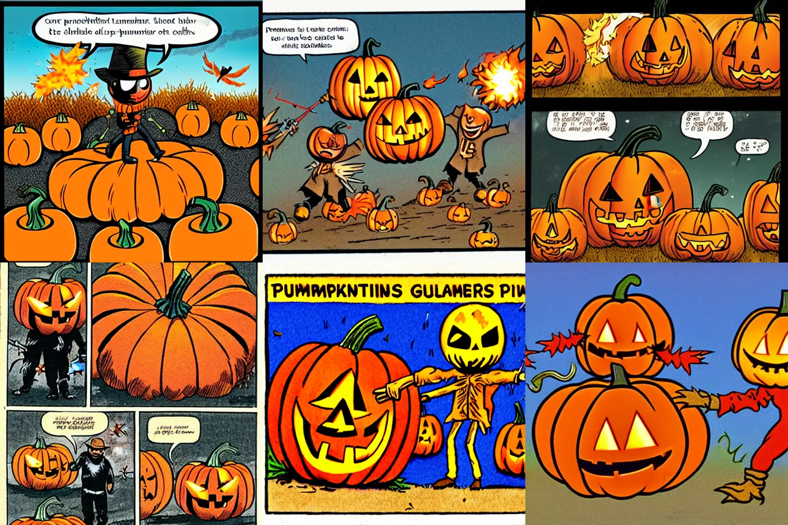 Prompt: Pumpkins holding flamethrowers fighting Scarecrows, comic panel