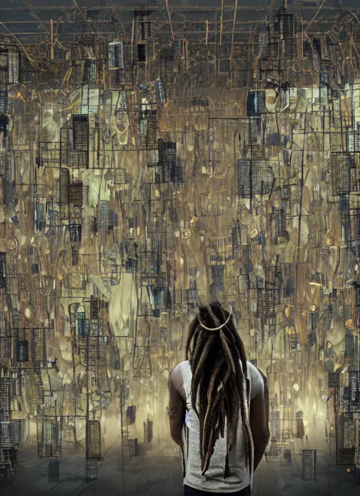 Prompt: man with dreadlocks in a room with many screens of different sizes and styles, his hair is like cables that keep him connected to all the screens and to the interplanetary network. on the screens there are images of him, of cities, planets and glitches, cosmic tech conceptual dystopian art