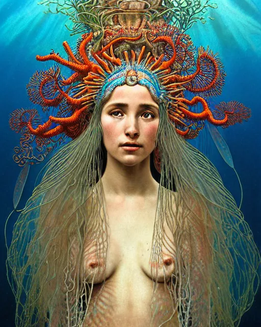 Prompt: realistic detailed underwater portrait of the beautiful young goddess of the fish of the three lights with an intricate headdress of corals, sea kelp, sea plants, fish, jellyfish, art by ernst haeckel, h. r. giger, zdzisław beksinski, alphonse mucha, gothic, neo - gothic, hyper - ornamental,