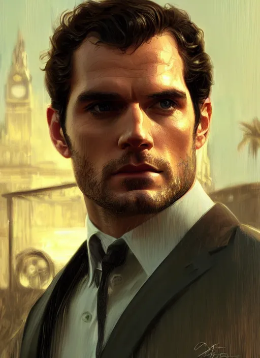 Image similar to portrait of henry cavill as james bond, key art, palm trees, vintage aston martin, highly detailed, digital painting, artstation, concept art, cinematic lighting, sharp focus, illustration, by gaston bussiere alphonse mucha