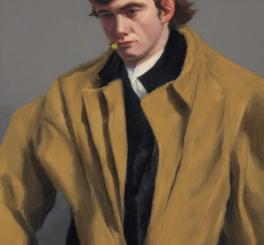 Image similar to a very detailed portrait of a man wearing an 8 0 s jacket with big shoulder pads, very aesthetic leather jacket, detailed closeup of leather jacket, front view, in the style of edward hopper and oswald hornby joseph birley and susan ryder, very small brushstrokes, 4 k,