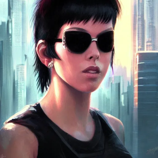 Prompt: a closeup portrait of a young joan jett as a cyberpunk protagonist, sunglasses, cyborg, dramatic light, city background, megacity, sunset, high contrast, sharp, painted by stanley lau, painted by greg rutkowski, painted by stanley artgerm, digital art, trending on artstation