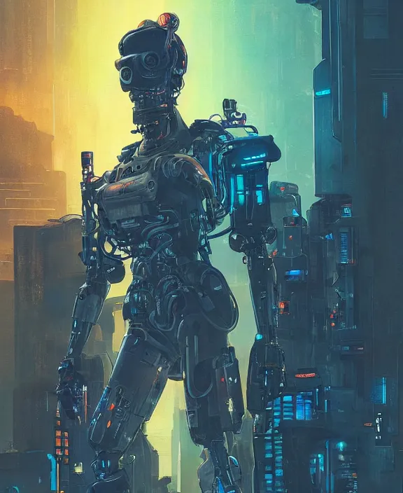 Image similar to cyberpunk pathfinder robot from apex legends character portrait ( blade runner 2 0 4 9 ), portrait by james gurney and laurie greasley, concept art, cinematic composition, dramatic lighting, highly detailed, vintage sci - fi