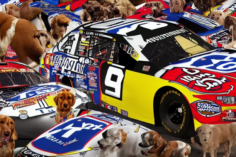 Prompt: vfx movie nascar driver man covered in corporate sponsor logos holding up bone for pack of dogs in the u. s. senate, interior. by emmanuel lubezki