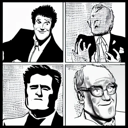 Prompt: jay leno, conan o'brien, david letterman drawn in the style of frank miller's sin city comics, black and white, panels