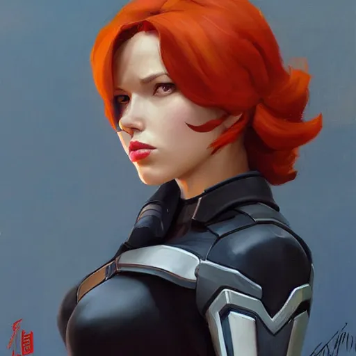 Image similar to greg manchess portrait painting of black widow as overwatch character, medium shot, asymmetrical, profile picture, organic painting, sunny day, matte painting, bold shapes, hard edges, street art, trending on artstation, by huang guangjian and gil elvgren and sachin teng