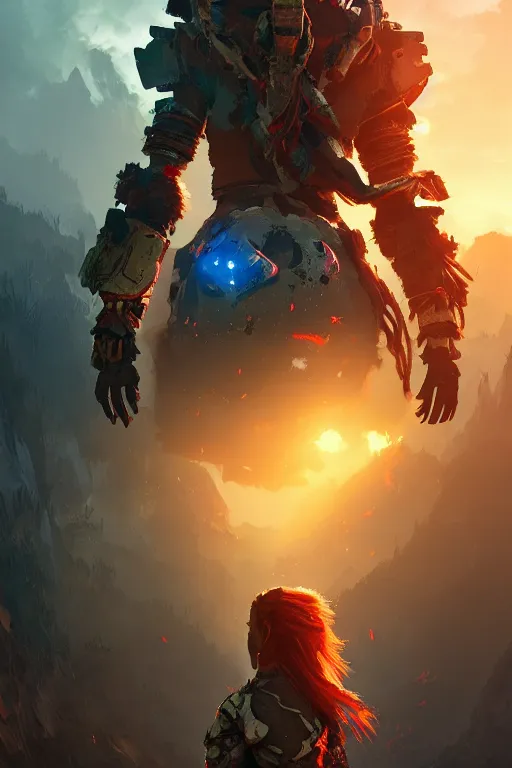 Image similar to combination suit armor aloy horizon forbidden west horizon zero dawn radiating a glowing aura global illumination ray tracing hdr fanart arstation by ian pesty and alena aenami artworks in 4 k tribal robot ninja mask helmet backpack