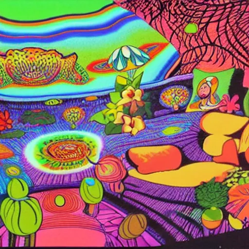 Prompt: psychedelic trippy couch in the lush forest, planets, flowers, mushrooms milky way, sofa, cartoon by carl barks and eric carle