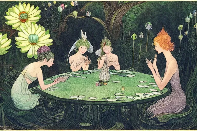 Prompt: a group of gracious fairies playing cards on a table in an atmospheric moonlit forest next to a beautiful pond filled with water lilies, artwork by ida rentoul outhwaite. the fairies have wings!!!! and play blackjack!!!!.
