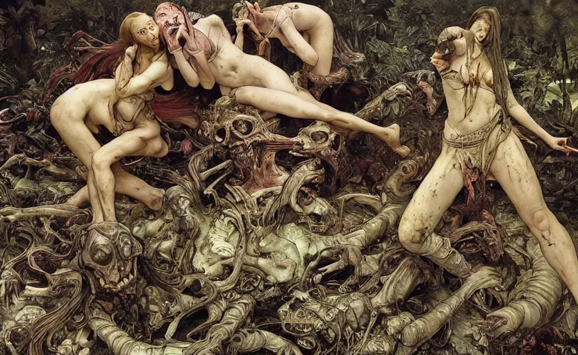 Image similar to renaissance grotesque painting of ovni crash swamp wasteland, landfill, alien corpses on the floor, elegant artwork by lee bermejo and greg rutkowski and alphonse mucha