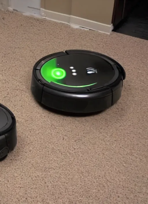 Prompt: two roombas with knives duct taped to their tops fighting to the death