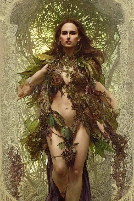 Image similar to natalie portman as queen of the jungle, running, full figure, painted by nekro, alphonse mucha, dark - fantasy, intricate detail, artstation, cgsociety, rococo, gold leaf art