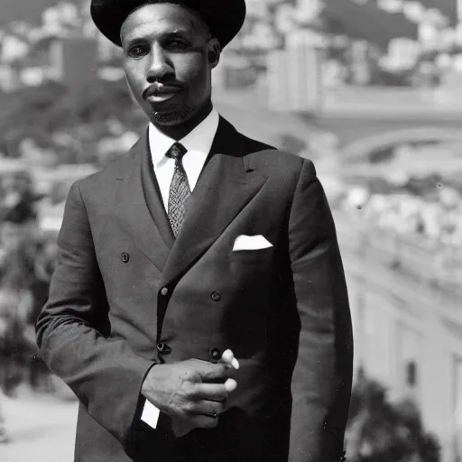 Image similar to vintage photo of a black man wearing a black suit in rio de janeiro