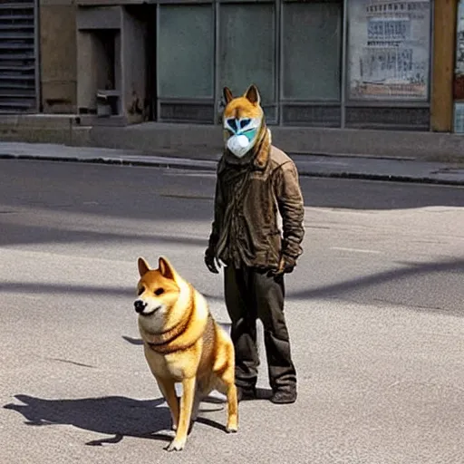 Prompt: A man in post-apocalyptic clothes wearing a latex mask of a Shiba Inu as Robert Neville in I Am Legend (2007), film grain, dof, chromatic aberration