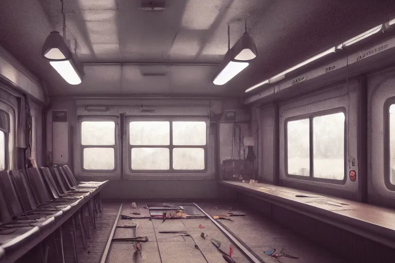 Prompt: a train classroom, trending on artstation, bright light, mixed media, octane rendering