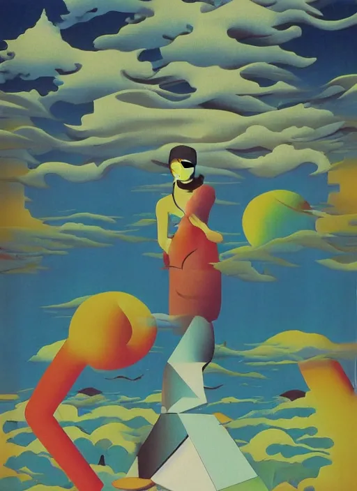 Image similar to Japan travel and tourism c2050, surrealist psychedelic painting in the style of Oxygene, Magritte, Roger Dean, Yoshio Awazu, vivid color