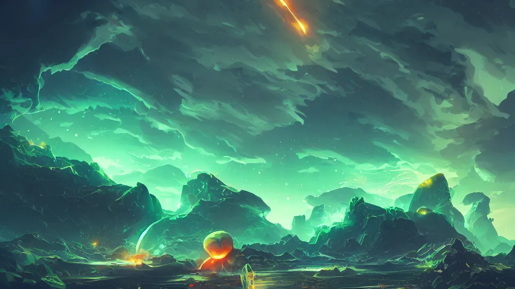 Image similar to giant green skull falls on the earth, meteor, crash, waves of energy, by sylvain sarrailh, rossdraws, ambient light, ultra detailed, fantasy artwork, 8 k, volumetric lighting, trending on artstation, award winning, very beautiful.