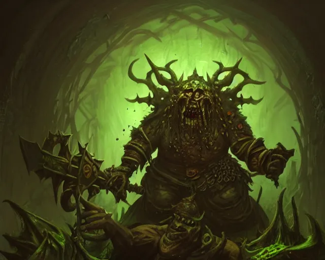 Image similar to wide shot of a cultist of nurgle, green and brown colours, bottom up green lighting, rotting, deep focus, d & d, fantasy, intricate, grim, highly detailed, digital painting, artstation, concept art, matte, sharp focus, illustration, hearthstone, art by artgerm and greg rutkowski and alphonse mucha