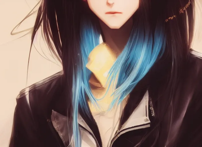 Image similar to teenage girl with sky blue straight hair, bangs, amber eyes, gold eyes, wearing a black jacket, high collar, ultra detailed, concept art, award winning photography, digital painting, cinematic, by wlop, anime key visual, closeup, pixiv, 8 k, yoshitaka amano, ilya kuvshinov,