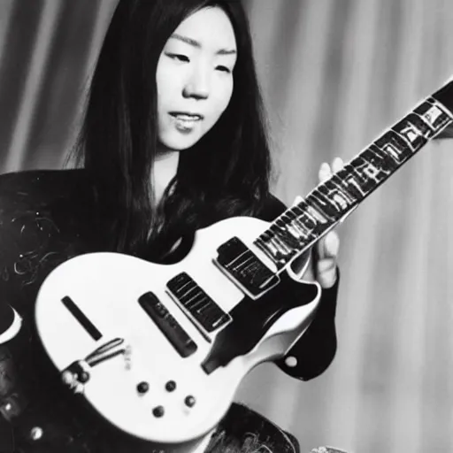 Image similar to a black and white photograph of a female japanese artist playing a gibson sg, 1 9 7 0 s