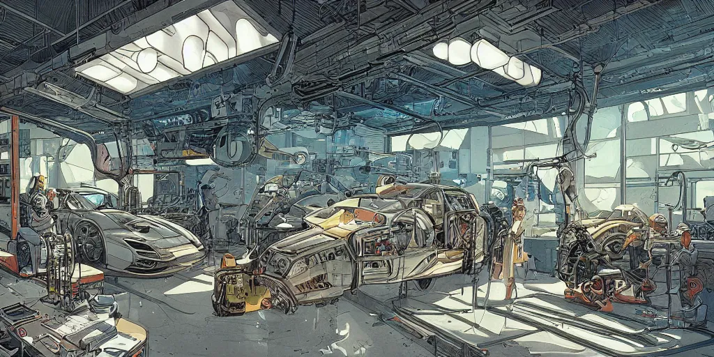 Prompt: an illustration of a mechanics workshop. interior. science fiction art. moebius. futuristic. high detail. digital painting.