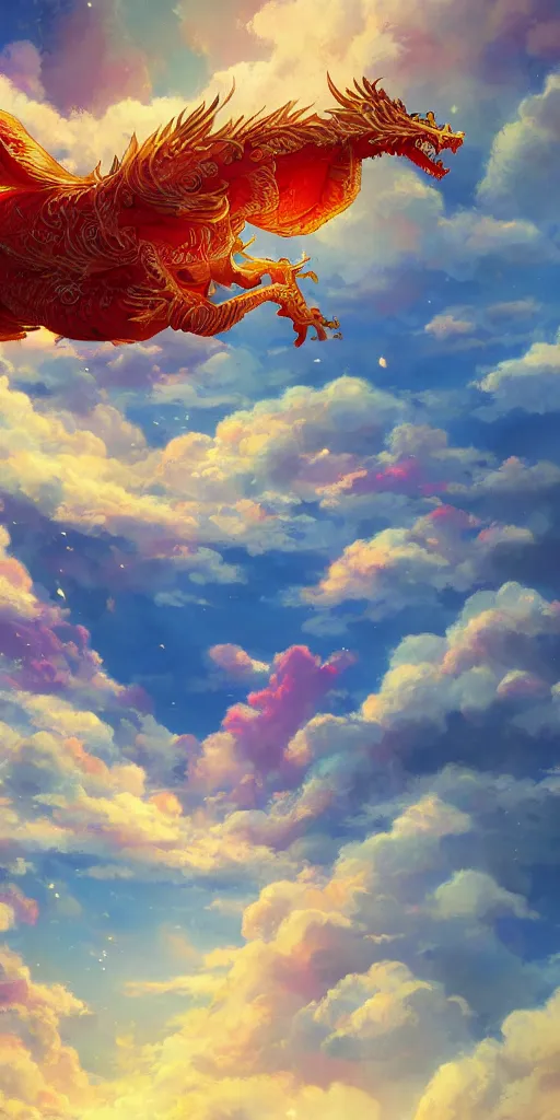 Image similar to golden paper + an intricate dragon hide in the clouds depiction + elaborate red illustration by makoto shinkai, wu daozi, very detailed, deviantart, 8 k vertical wallpaper, tropical, colorful, airy, anime illustration, anime nature wallpap