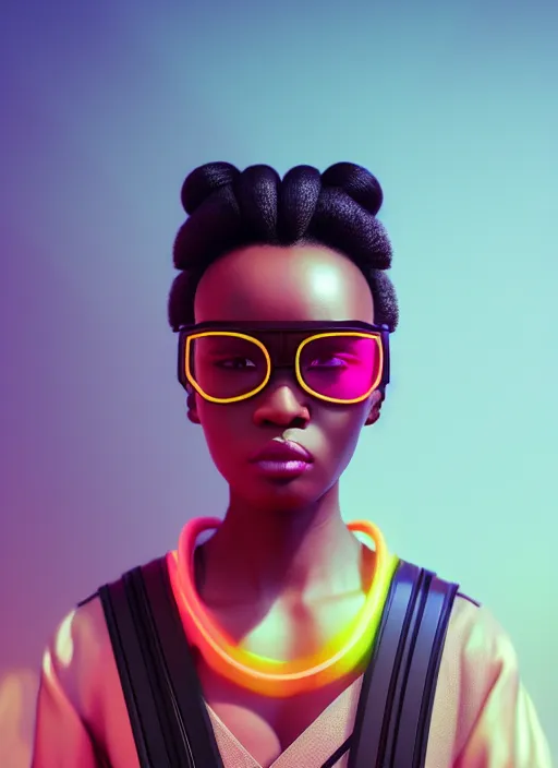 Prompt: attractive female portrait of african samurai, wearing neon shades, wearing gui, amber sky cloud background, rule of thirds, uplight, intricate, symmetrical!!, depth of field, cinematic, filmic, vsco, concept art, artstation, digital painting, elegant, epic, focus, octane render, vray render, arnold render,