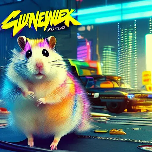 Image similar to hamster with rainbow fur in the style of cyberpunk 2 0 7 7, 8 k, hd, light reflection