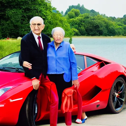 Image similar to 0 8 s photo of elder couple, pose like the super models in the paddle field with red super car,