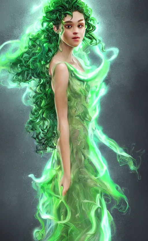 Image similar to a young woman with wild, curly hair and bright green eyes. she's wearing a flowing dress made of light, airy fabric and she has a mischievous look on her face, dynamic lighting, photorealistic fantasy concept art, trending on art station, stunning visuals, creative, cinematic, ultra detailed