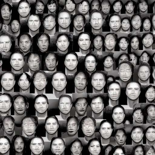 Prompt: a human face made out of a multitude of hundred human faces, studio lighting, very detailed, unreal engine, high quality, photography, professional lighting, good composition, rule of thirds, winning award render, realistic