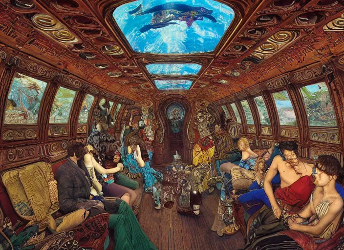 Prompt: incredibly beautiful breaktakingly detailed colour photograph of the inside of the ornate underwater train to atlantis, various amazingly weird cool characters sat down, extreme closeup, by ford maddox brown and kilian eng and moebius and william powell frith and frederic leighton and john william waterhouse and greg hildebrandt, ultra wide angle, 4 k