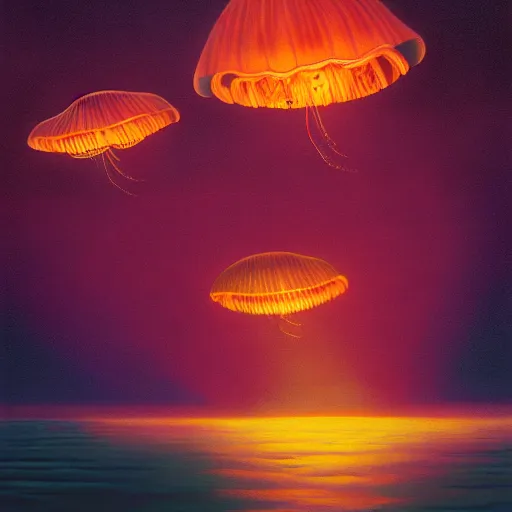 Image similar to a beautiful painting of a group of jellyfish fly in sunset by Angus Mckie, Trending on artstation