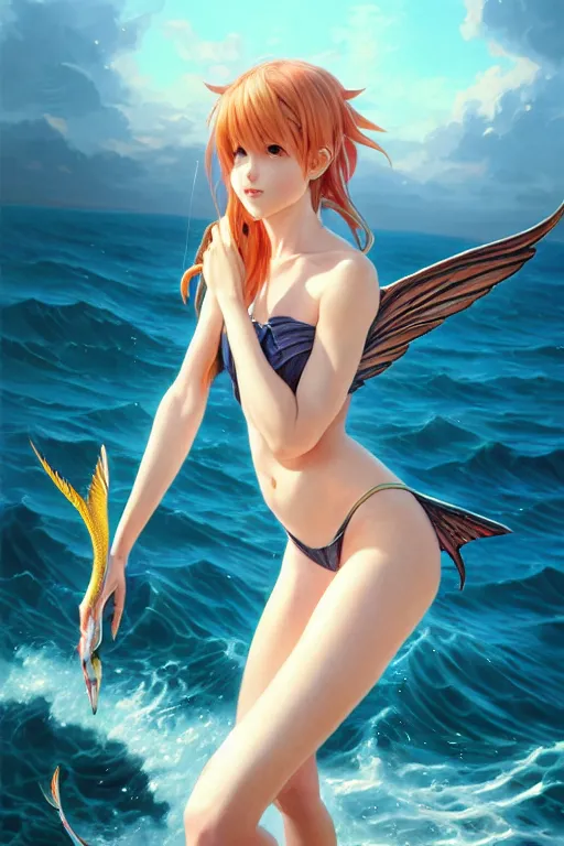 Image similar to 3 / 4 view of a portrait of cute sea woman with fish wings, confident pose, pixie, genshin impact,, intricate, elegant, sharp focus, illustration, highly detailed, concept art, matte, trending on artstation, anime, art by wlop and artgerm and greg rutkowski, ilya kuvshinov, strong strokes, photo of asuna from sao