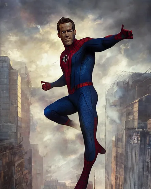 Image similar to ryan reynolds as a black and blue suit spider - man, cinematic, volumetric lighting, f 8 aperture, cinematic eastman 5 3 8 4 film, photorealistic by greg rutkowski, by stanley artgerm, by alphonse mucha