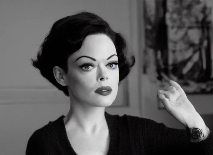 Prompt: Black and white film still of Rose Mcgowan on a Woody Allen film