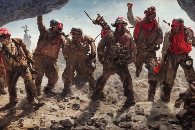 Prompt: intense dramatic still of a ragtag group of miners!!!! and factory workers with improvised weapons and pistols and red bandanas around their necks, on the surface of an asteroid, outside of a high tech scifi industrial building, medium shot, oil painting by charles frederic ulrich, pablo olivera, normal rockwell, greg rutkowski, trending on artstation, incredible detail