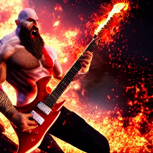 Prompt: screaming kratos shredding on a flaming stratocaster guitar, cinematic render, god of war 2 0 1 8, santa monica studio official media, sunglasses, lightning, spartan rage, head turned