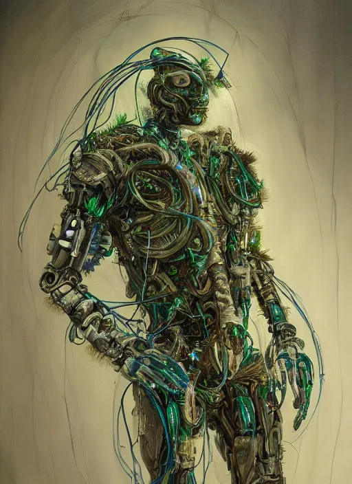 Image similar to hyper - detailed fine painting of a synthetic humanoid hybrid cyborg shaman half cybernetic and half made of plants and wood, concept art magical highlight