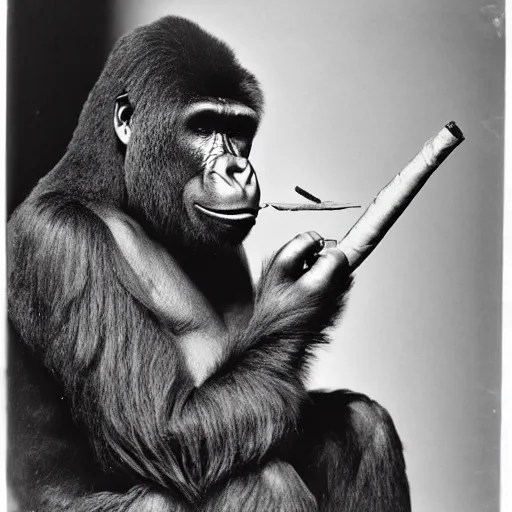 Prompt: gorilla with a bow tie and bowl hat smoking a big cuban cigar while holding 3 bananas