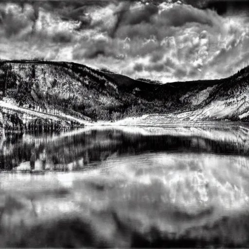 Image similar to lago di sorapis, hyper - realistic black and white drawing, hyper detailed, extreme long shot, in the style of den yakovelv