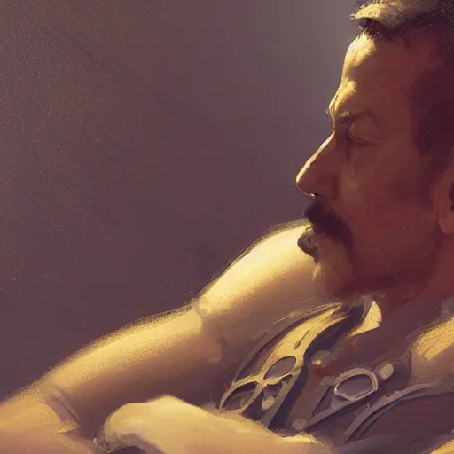 Prompt: A closeup of Neil Peart dreaming of motorcycles, by Greg Rutkowski, Raphael Lacoste, cgstation, 8k