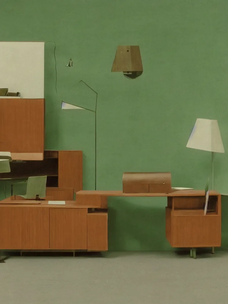 Image similar to a still of severance series ( 2 0 2 2 ) indoor 7 0 s green velvet and wood with metal furniture office scenario appearing in a film of jacques tati