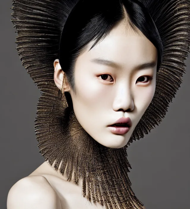 Prompt: photography face profil portrait of a beautiful asian woman like ming xi., great hair style,, half in shadow, natural pose, natural lighing, rim lighting, wearing an ornate stunning outfit and hat iris van herpen, makeup by benjamin puckey, highly detailed, skin grain detail, photography by paolo roversi